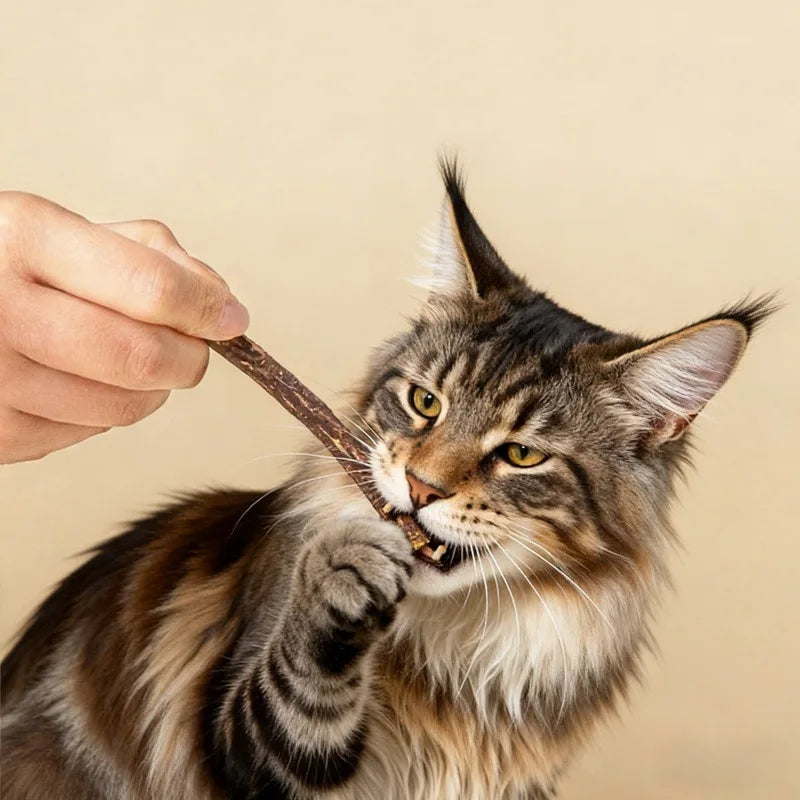 Eine tabbykat hält einen natürlichen Holzknabber mit ihrem Maul.
