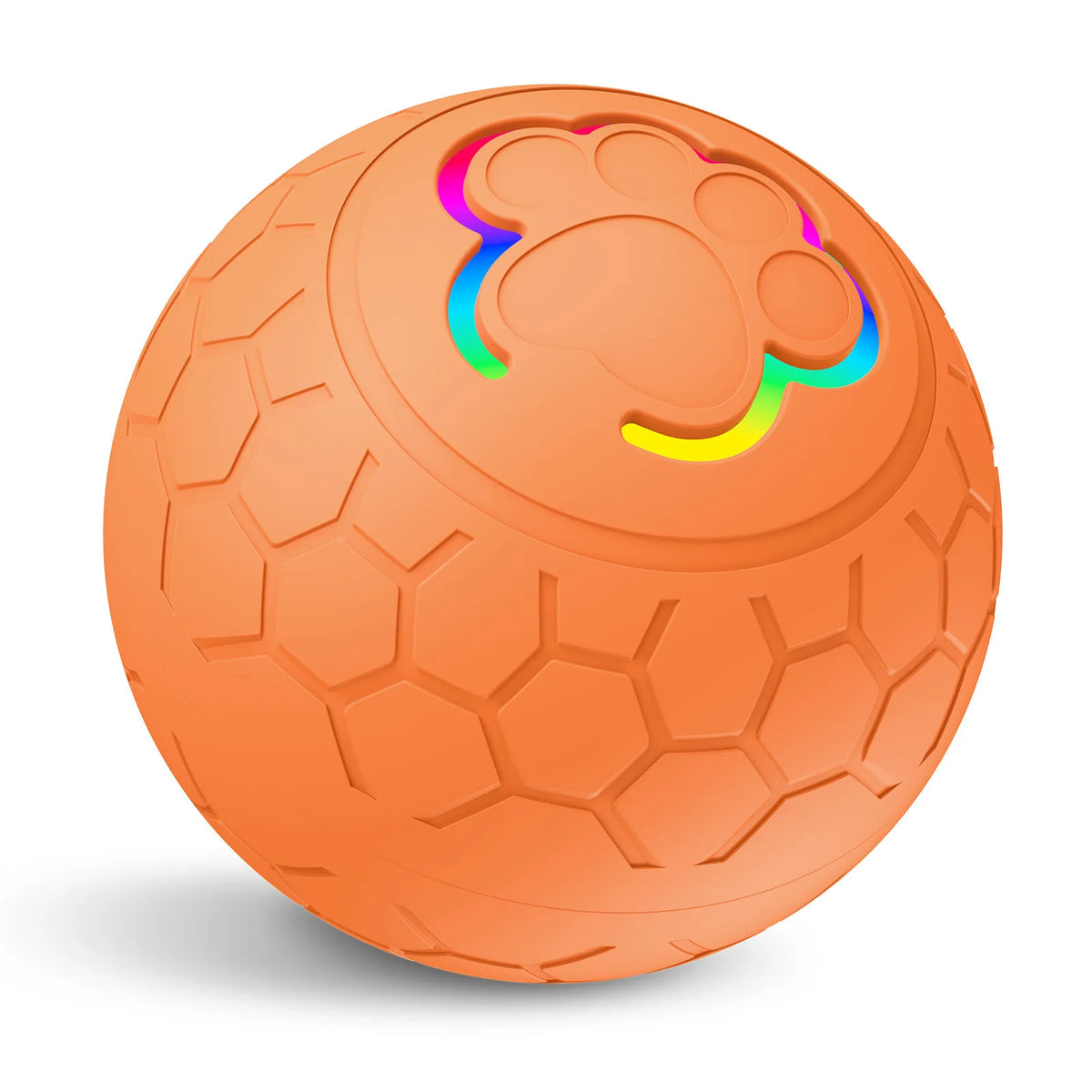 Orange elektronischer Haustierball mit Pfotenspuren-Design auf der Oberseite.