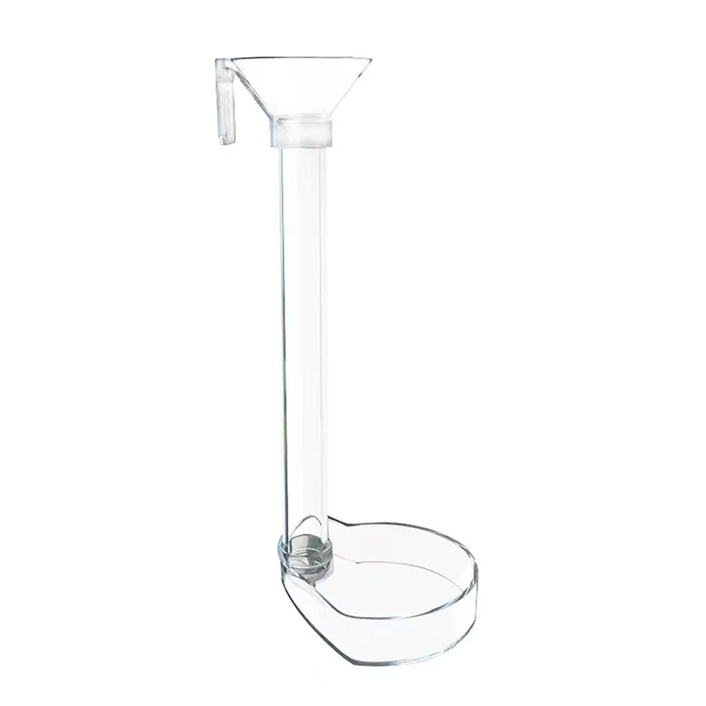 Adjustable aquarium feeder with a transparent tube and feeding dish.