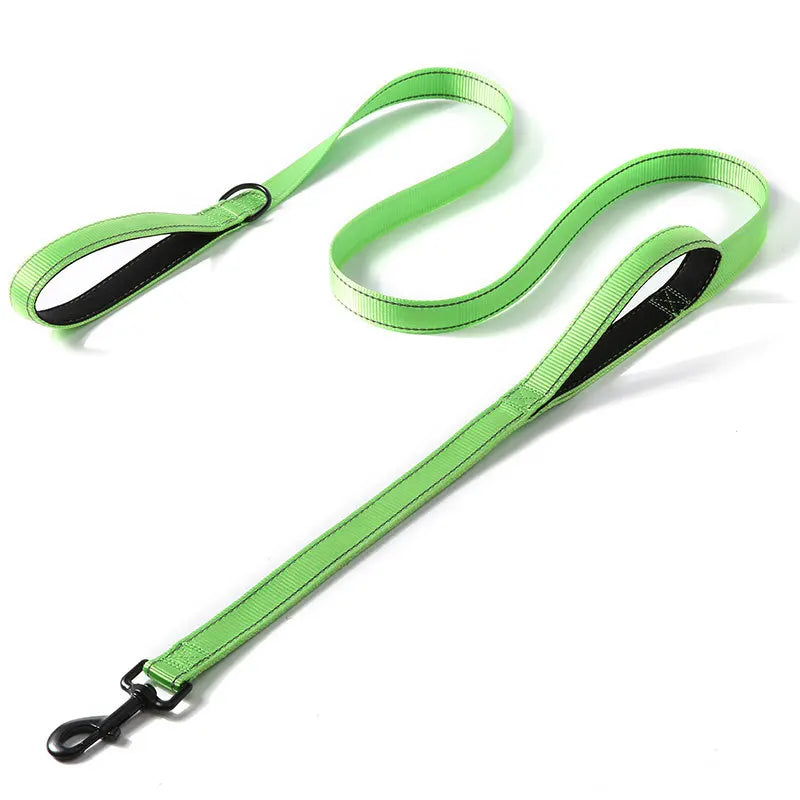 A bright lime green heavy duty reflective dog leash with dual handles shown against a white background.