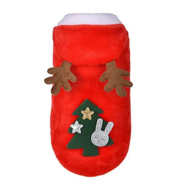 Festive fleece dog sweater in red with deer and Christmas tree print