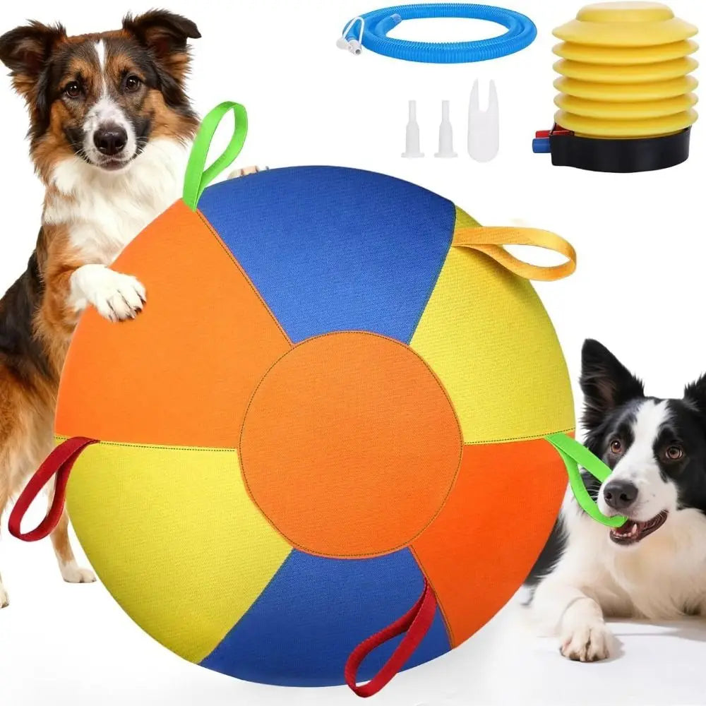 A yellow and orange inflatable herding ball for dogs with grip straps and a blue inflation ring.