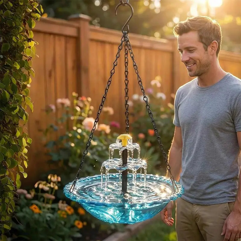 Un homme tient une fontaine d'oiseau solaire à plusieurs niveaux suspendue à une chaîne dans un jardin extérieur.