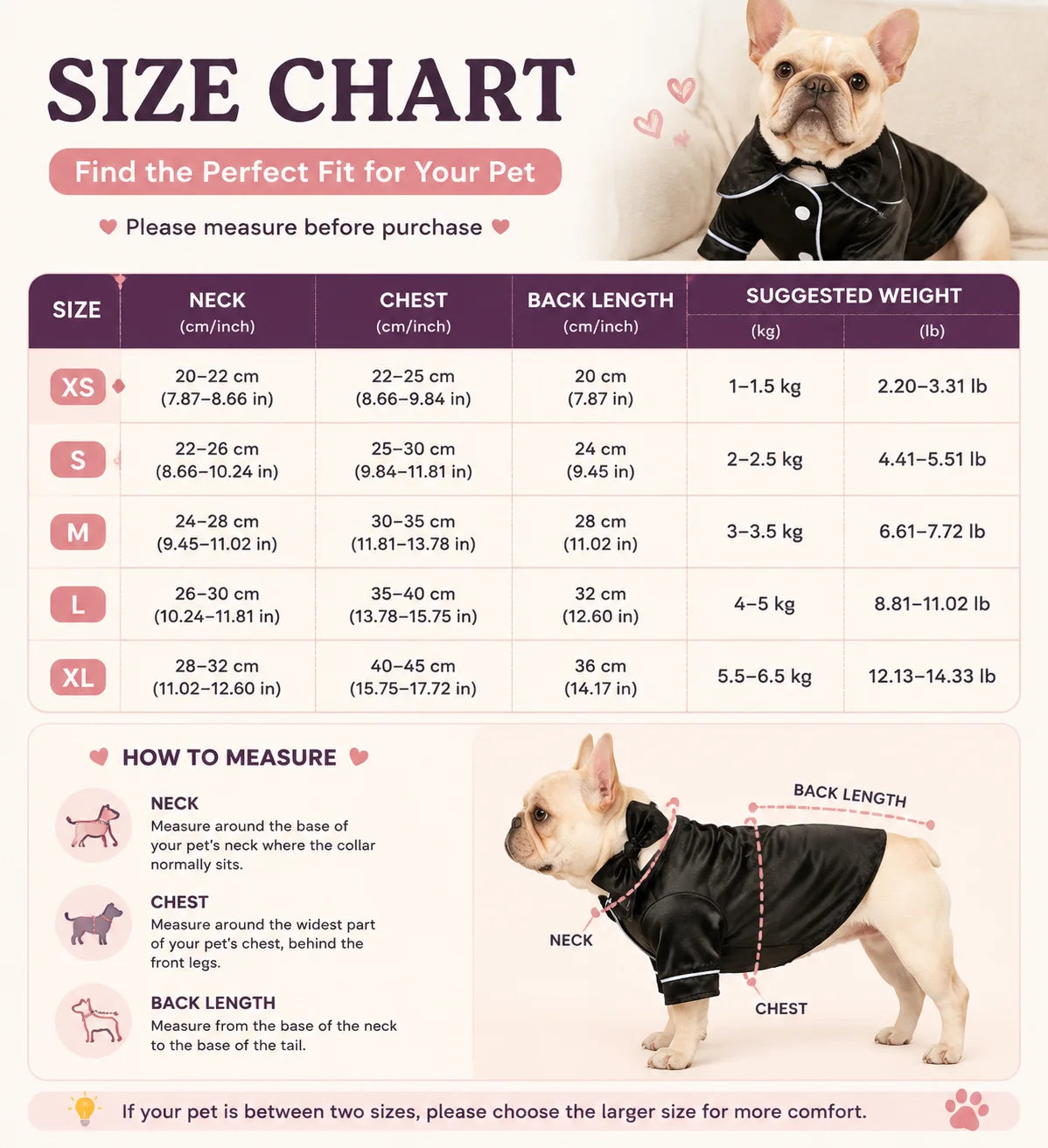 Größenleitfaden und Anleitung zur Messung eines Tieres für die perfekte Passform von Satin-Hundpyjamas
