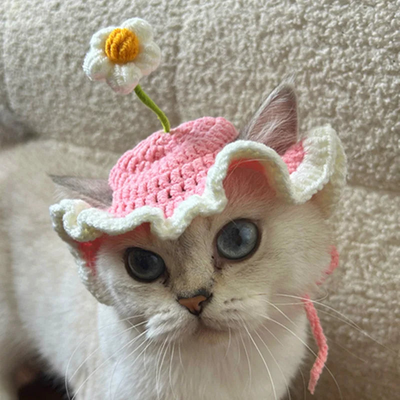 Cute Adjustable Cat Hat with Flowers for Cats and Small Dogs