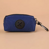 A dark blue fabric pouch with a black circular logo and attached to a metal carabiner clip.