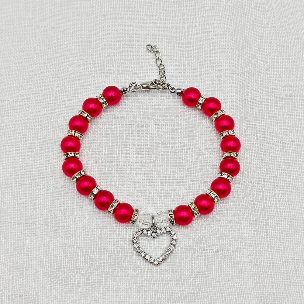 Pearl Pet Necklace with Heart-Shaped Rhinestone Pendant