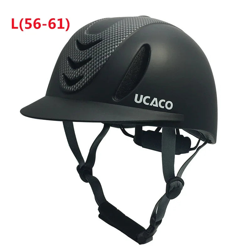 Black UCaco equestrian helmet with adjustable fit and chin strap