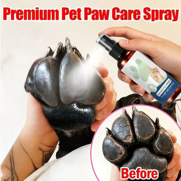 A hand is applying a premium pet paw care spray to a cat's paw, showing the product before use.