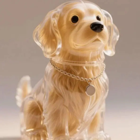 Figurine en résine d'un golden retriever portant un collier de chaîne argentée.