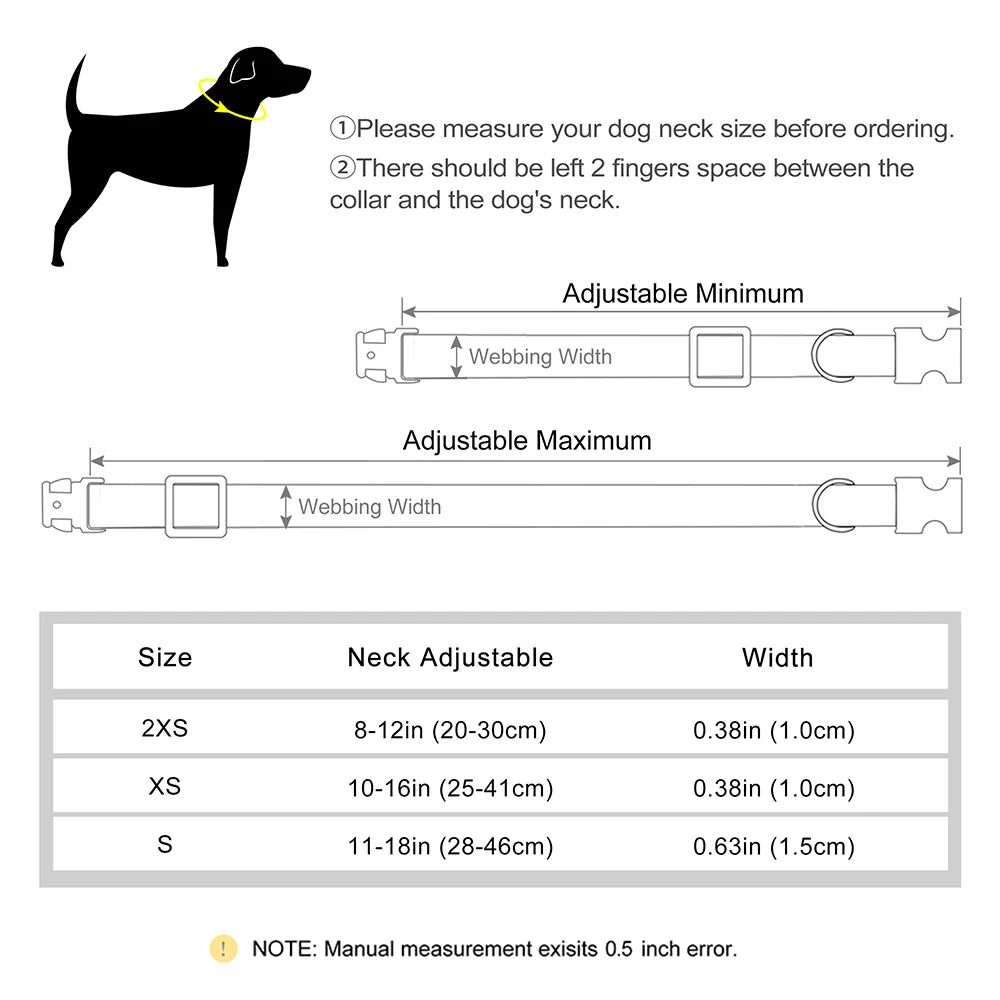 Diagram showing measurements for dog collar sizing and adjustable limits.