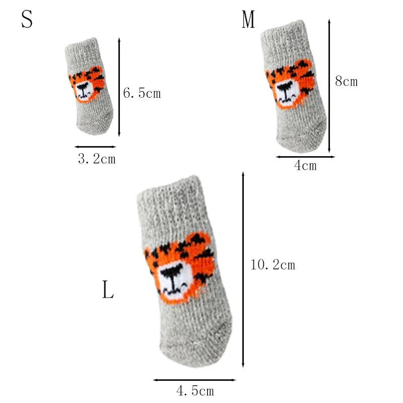 Cozy Knit Pet Socks with Anti-Slip Sole – Tiger Design, 4-Pack