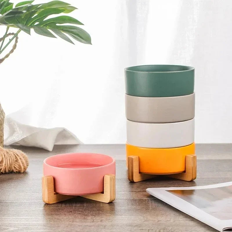 Elevated Ceramic Pet Bowl with Wooden Stand
