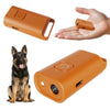 An orange portable ultrasonic dog bark deterrent device shown in various forms, including a handheld version and a larger uni