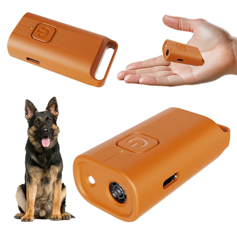 An orange portable ultrasonic dog bark deterrent device shown in various forms, including a handheld version and a larger uni