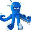 A bright blue plush shark toy with a grumpy expression and squishy features.