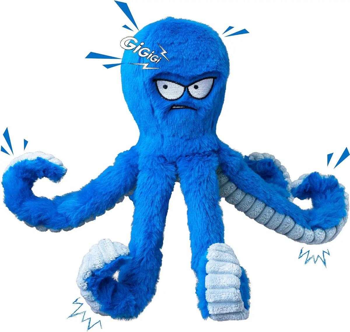 A bright blue plush shark toy with a grumpy expression and squishy features.