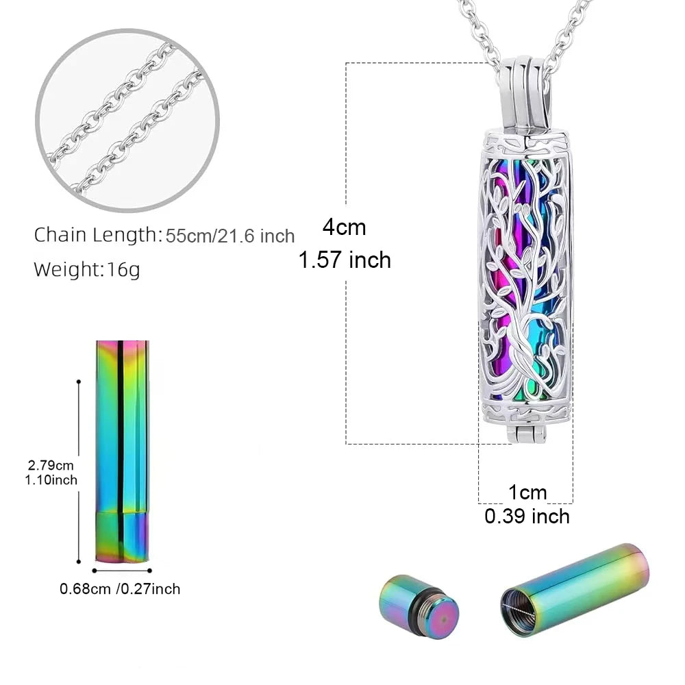 Stainless steel cylinder cremation urn necklace with a silver pendant and a green-tinted charm.