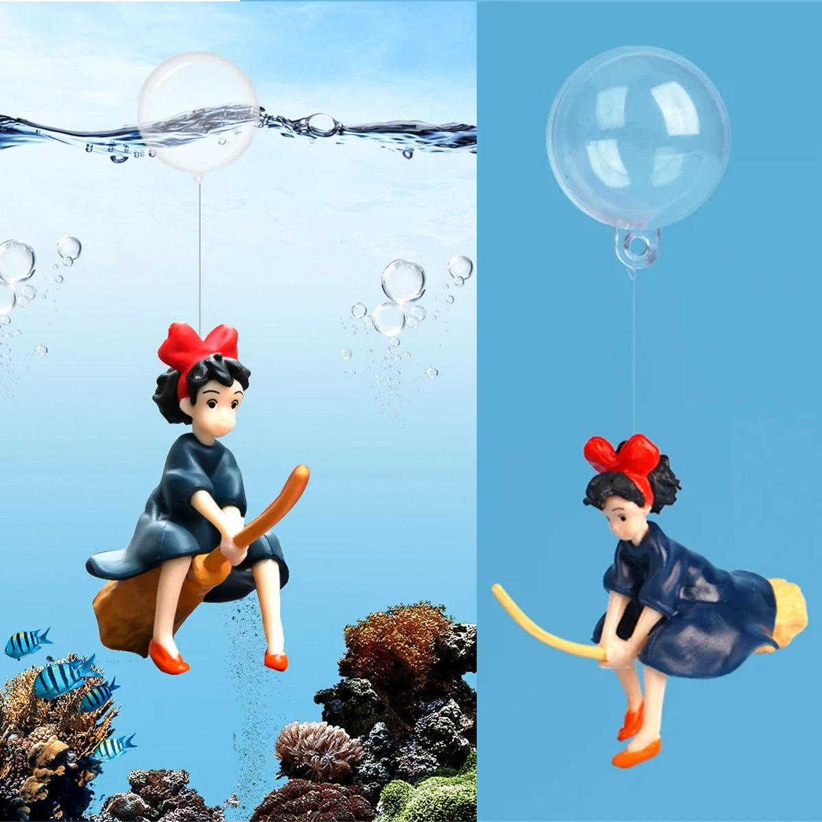 A mermaid figure is shown floating underwater with transparent lines and bubbles.