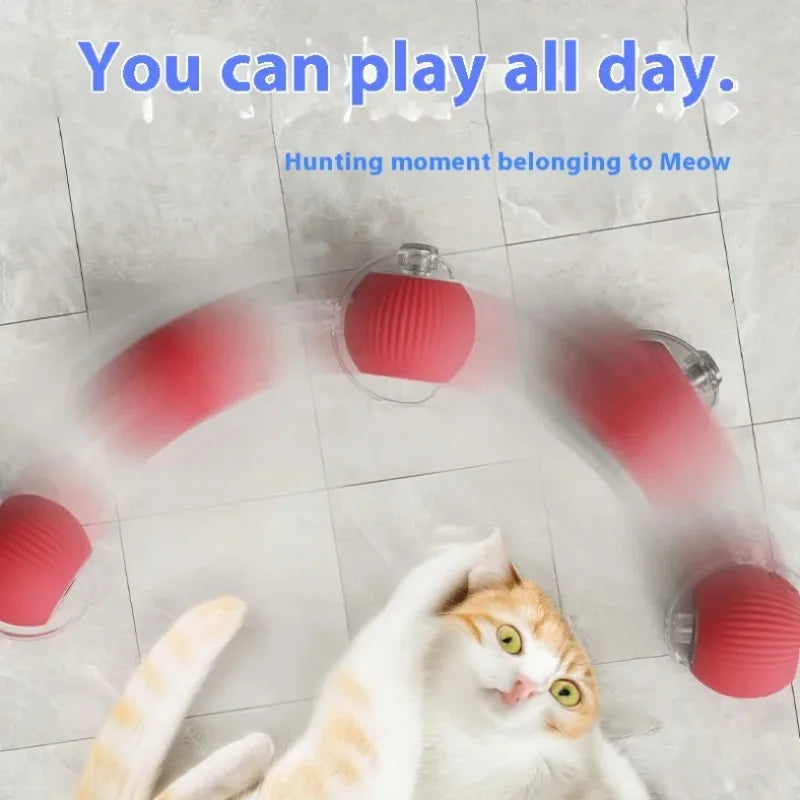 Un chat joue avec un jouet balle interactif rose dans un environnement carrelé blanc.