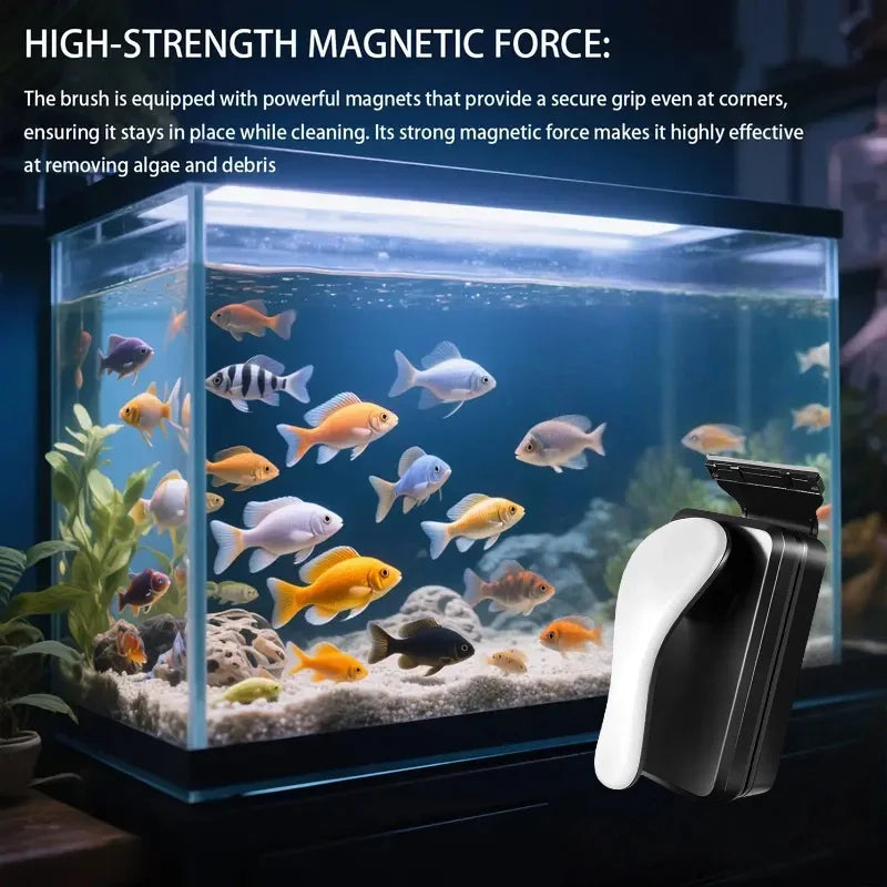 A cleaning brush with powerful magnets is shown inside an aquarium filled with various fish and aquatic plants.