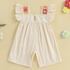 A light pink floral embroidery toddler romper for girls with ruffled sleeves and decorative trim.