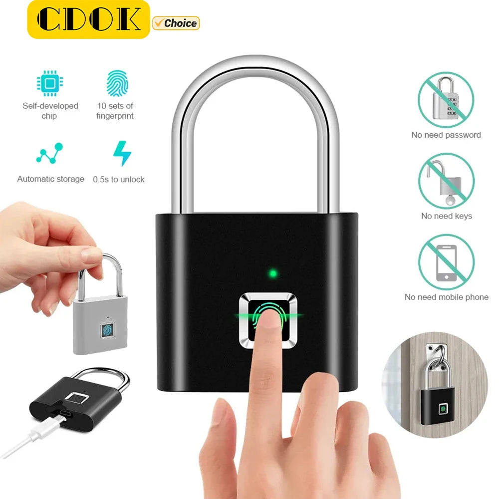 A close-up of a black biometric fingerprint padlock being operated by a finger, showing the lock mechanism and security featu