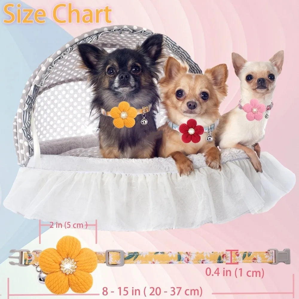 A small dog wearing an adjustable floral collar with a rhinestone bell sitting in a pet bed.