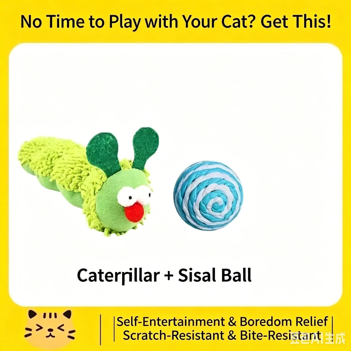 A green caterpillar toy and a blue sisal ball for cat entertainment