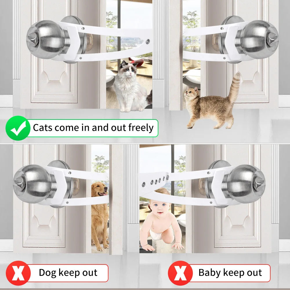 Loquet de portail pour animaux ajustable avec sangle élastique montrant divers animaux entrant ou sortant d'une porte.