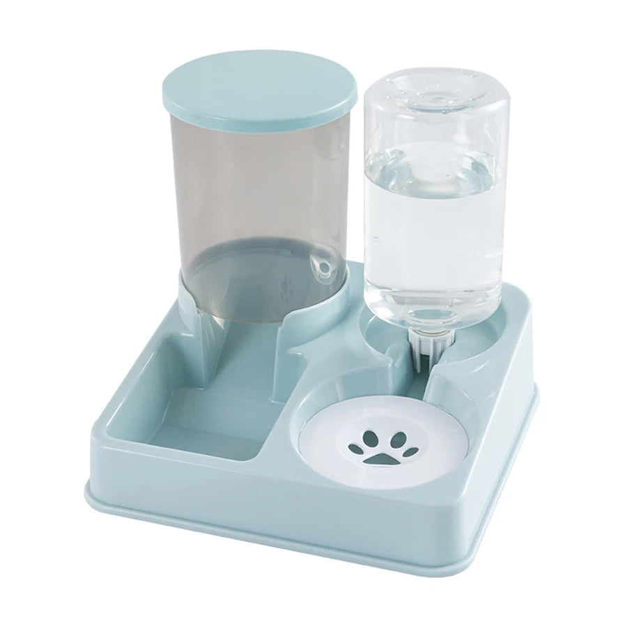 Récipient automatique pour animaux bleu clair, 2-en-1, avec compartiments séparés.