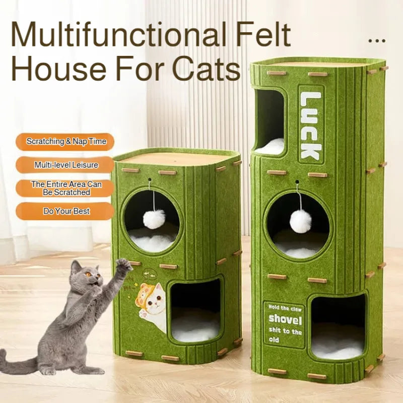 A green felt house for cats with multiple levels and a scratching board, shown next to a cat.