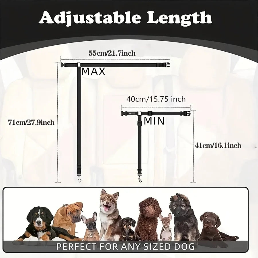 Adjustable length pet car seat belt shown with MAX and MIN settings, suitable for various sized dogs.