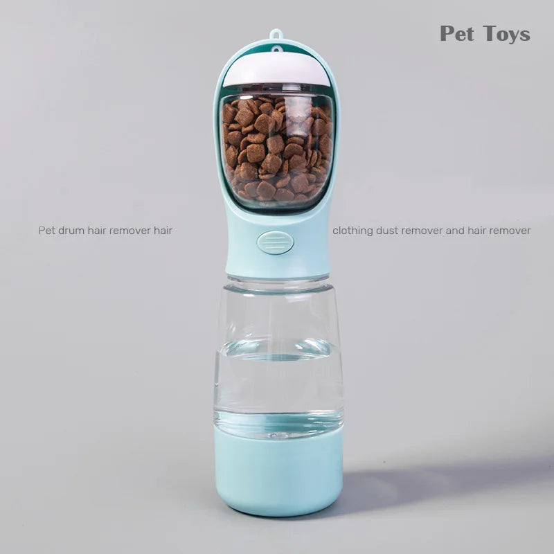 A light blue pet water bottle with a clear dispenser top filled with pet food and designed for hair removal.