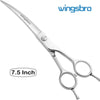 Silver professional curved pet grooming scissors with a 7.5 inch length