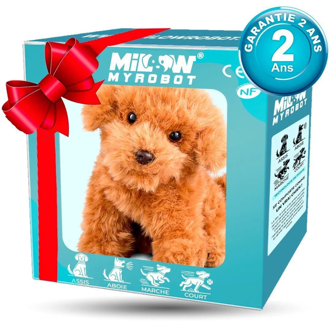 Box of Milwon Myrobot, an interactive plush puppy toy with walking, barking, and tail wagging features.