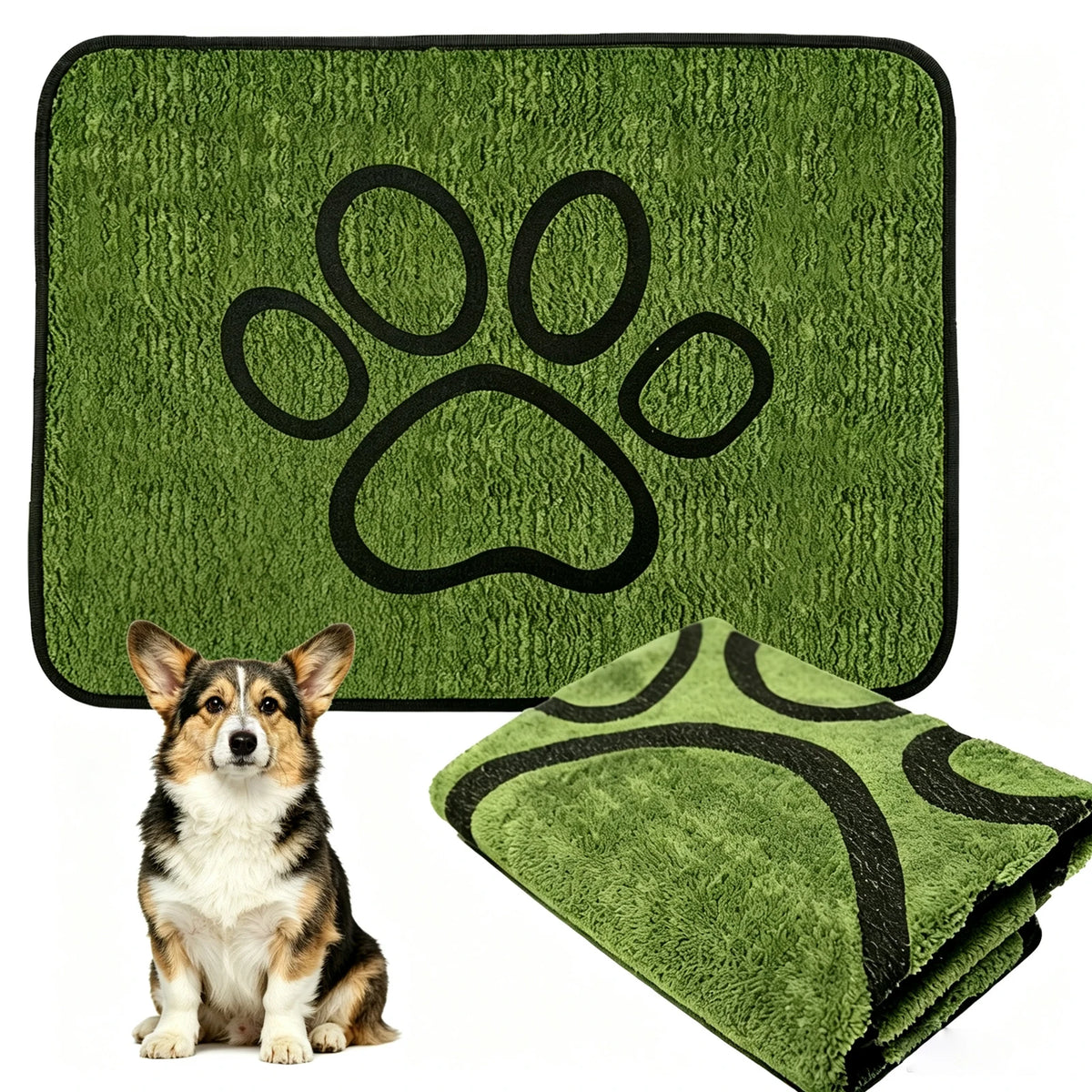 A brown and white dog sits next to a green, absorbent training mat featuring a paw print design.