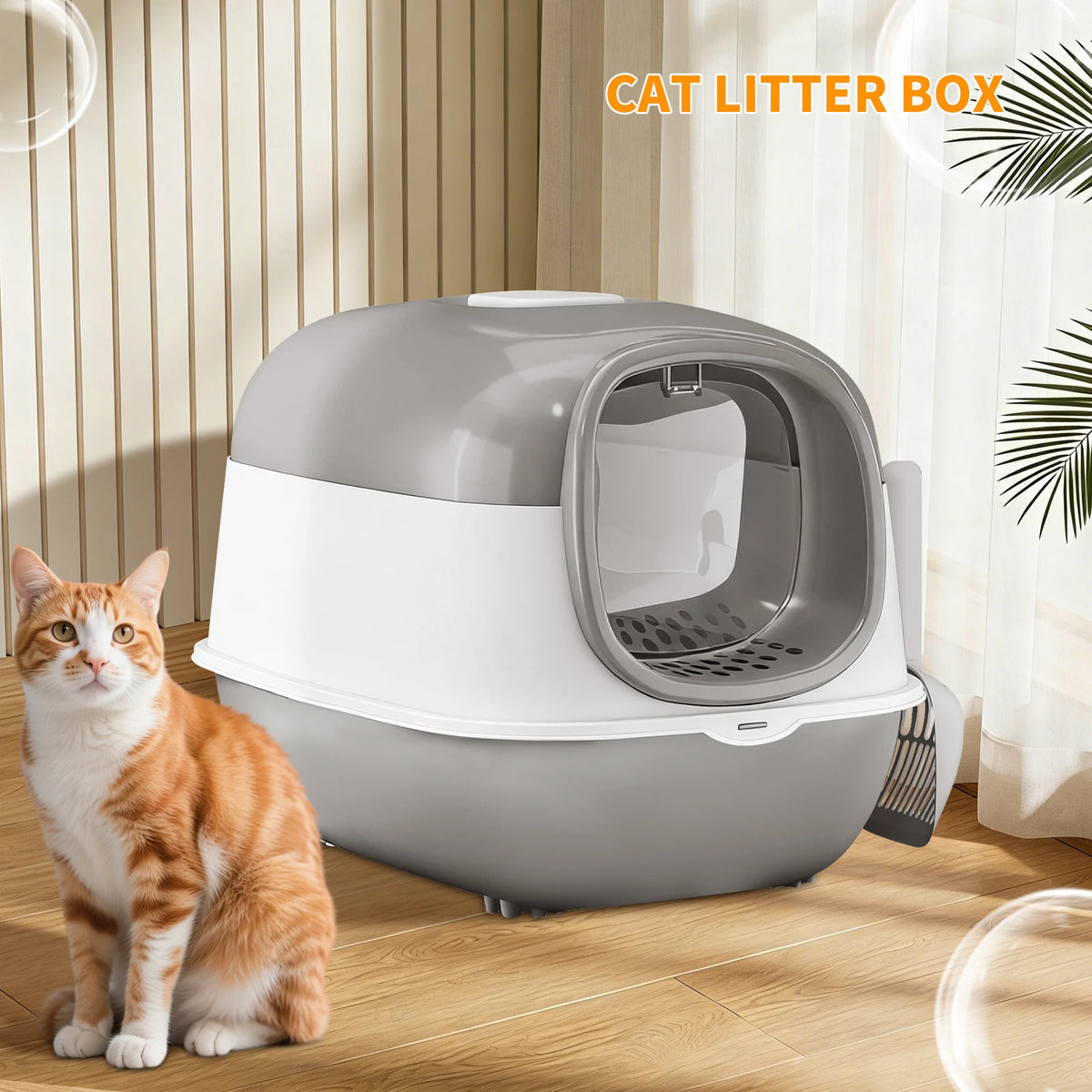 A gray and white cat litter box is shown with a cat sitting next to it in a domestic setting.