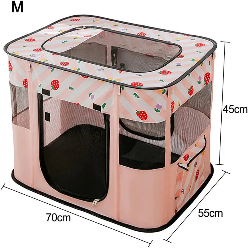 Enclos portable pliable rose pour jeu avec filet et sac de transport.