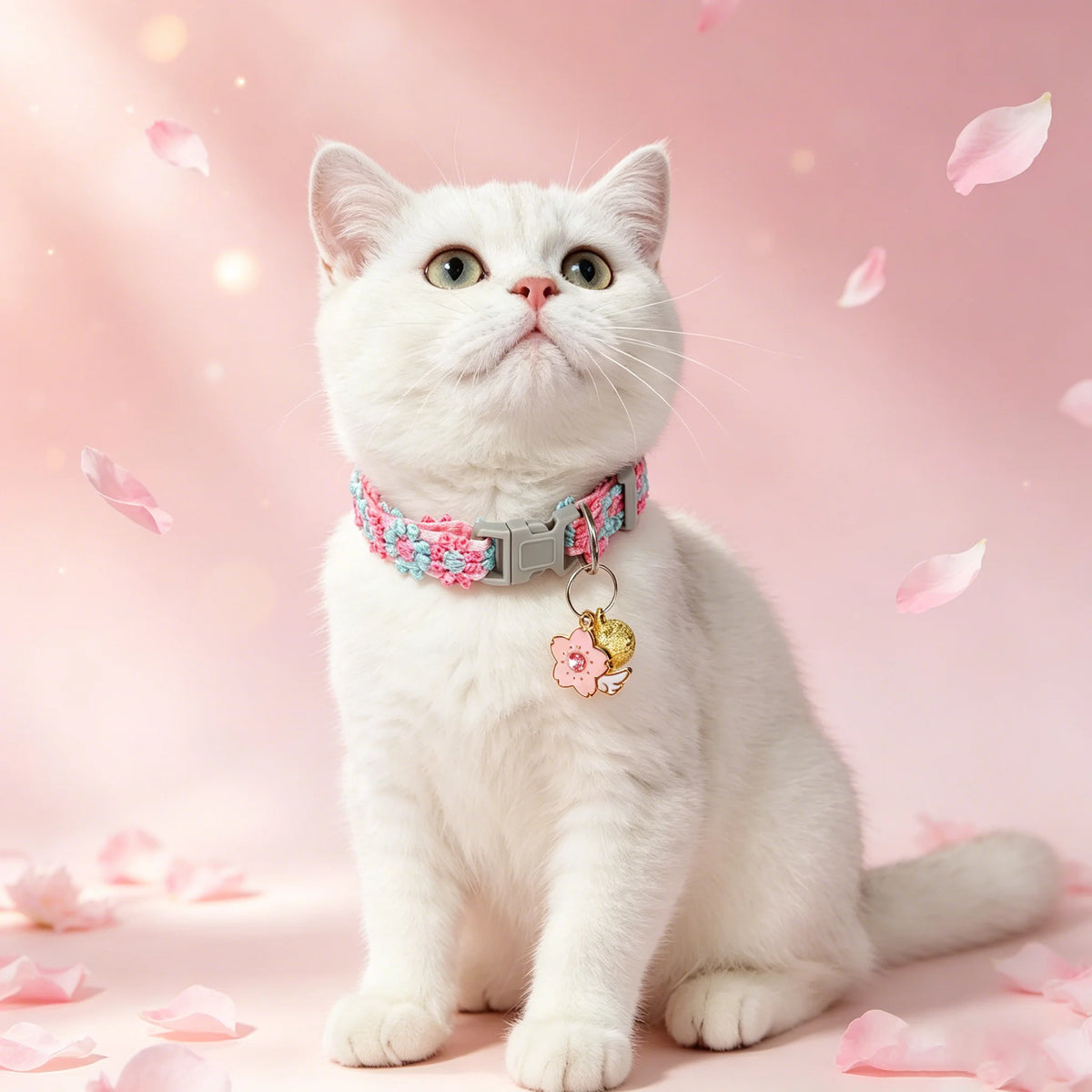 A white cat wearing a pink cherry blossom embroidered safety collar with a bell, sitting on a light pink surface.