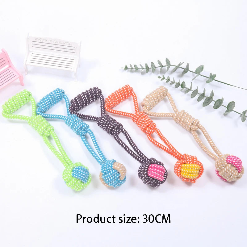 A collection of colorful hemp rope chew toys for dogs, featuring various colors and textures.