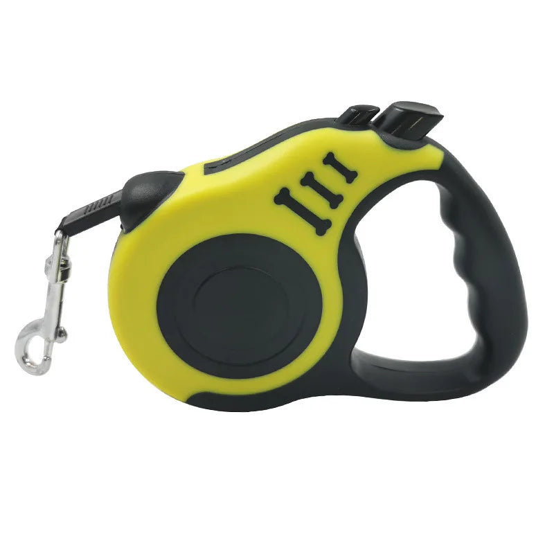 A yellow and black retractable dog leash with a comfortable grip and a three-pronged clip.