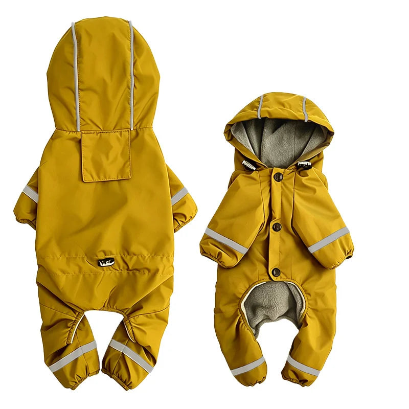 A yellow insulated hooded dog raincoat with reflective strips shown from the front.