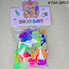 A clear plastic bag contains twenty goldfish bath toys with various colors and shapes, next to a purple card that reads Nice 