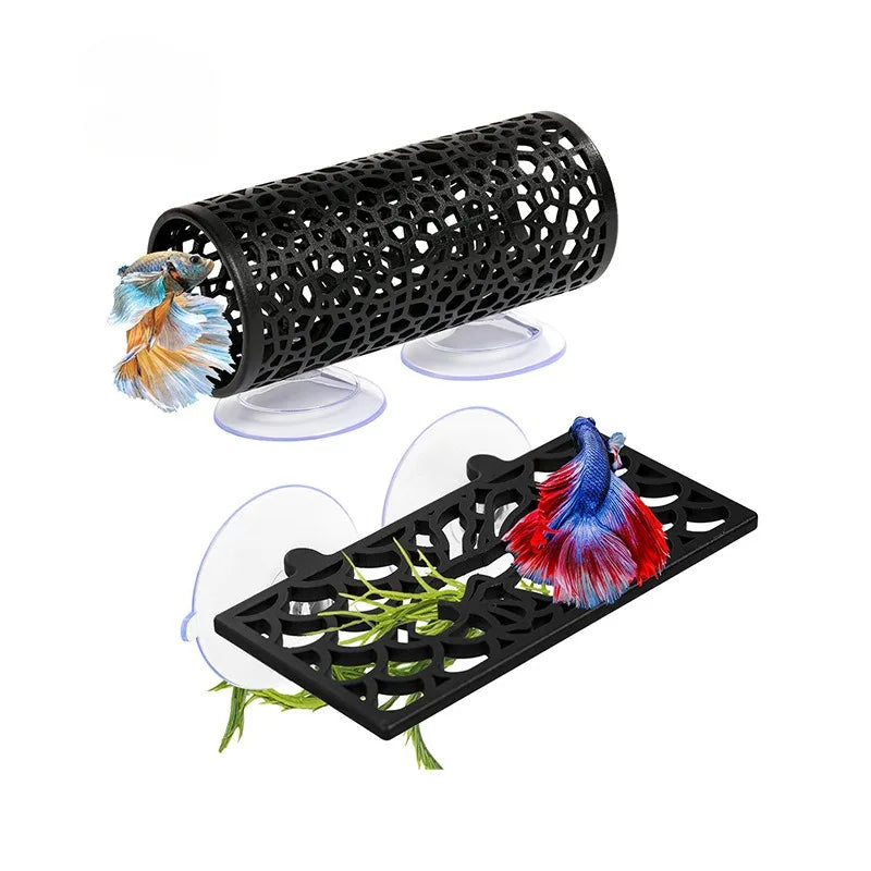 Black cylindrical aquarium tunnel hideout with openings, featuring colorful fish feathers.