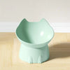A light mint green elevated cat bowl with a matching anti-tip base sitting on a wooden floor.
