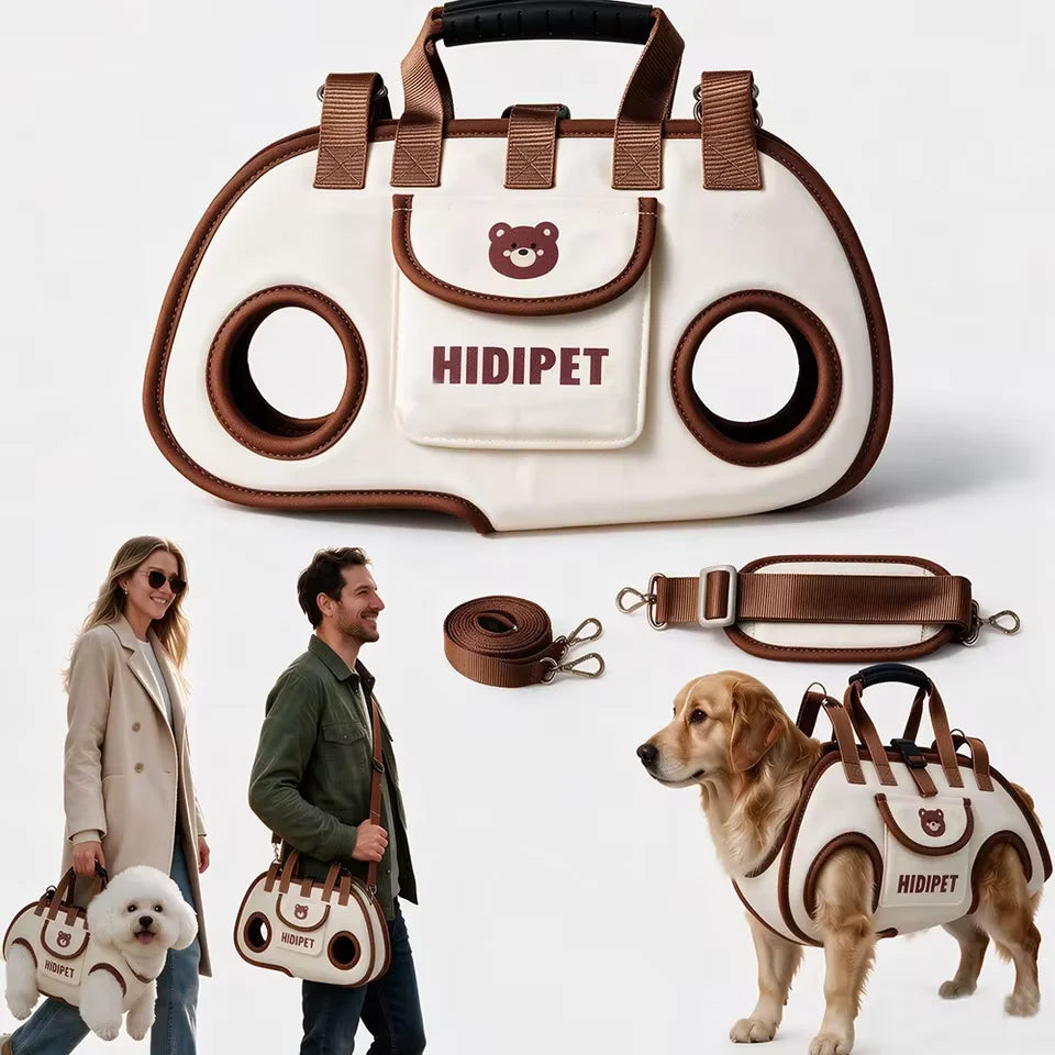 A beige and brown 3-in-1 breathable pet carrier bag with a detachable leash shown next to a dog.