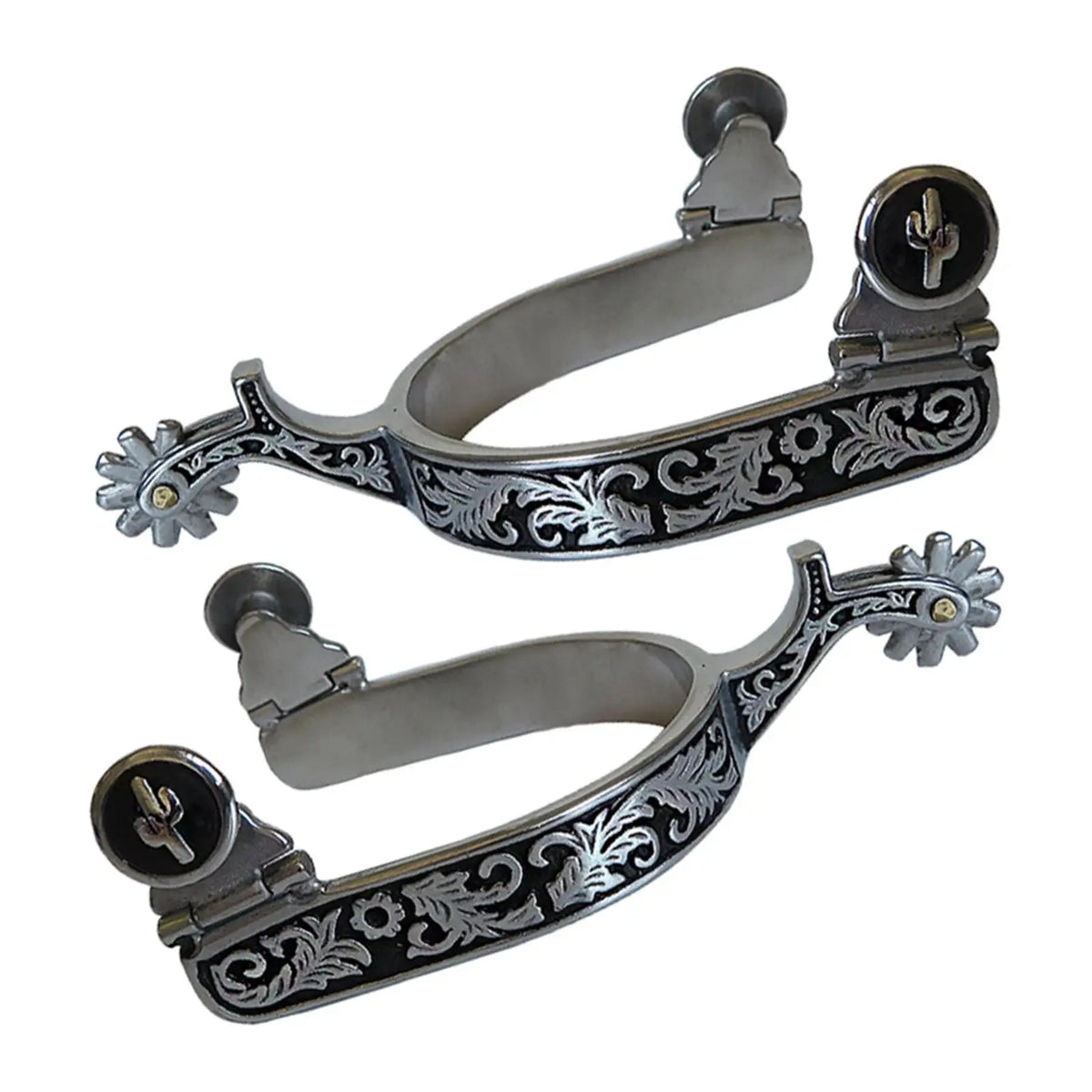 Une paire de flangers de cheval de style occidental avec des accents argent et laiton.