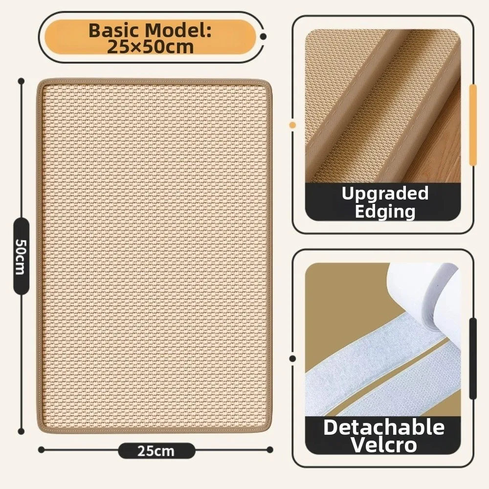 A beige sisal cat scratching board with upgraded edging and detachable velcro for cats.