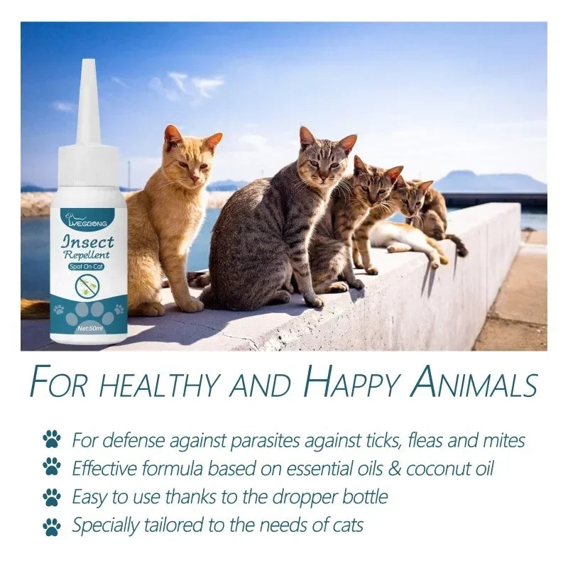 Un spray répulsif pour insectes pour chats et chiens, montré à l'extérieur avec plusieurs chats.